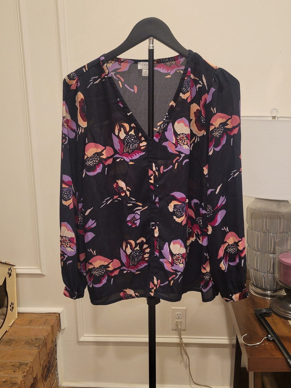 J. Crew Navy Floral V-Neck Long-Sleeve Blouse